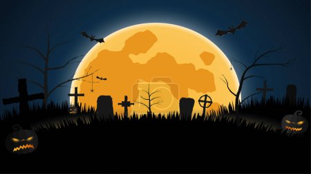 Photo for Background for halloween with evil pumpkins, graveyard, bats, spiders on the background of a large glowing moon. Template for banners, invitations, discounts, promotions for autumn holidays. Vector - Royalty Free Image