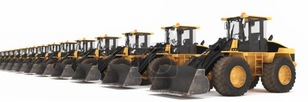 Photo for 3d rendering of wheel loaders parked in a row over white background - Royalty Free Image