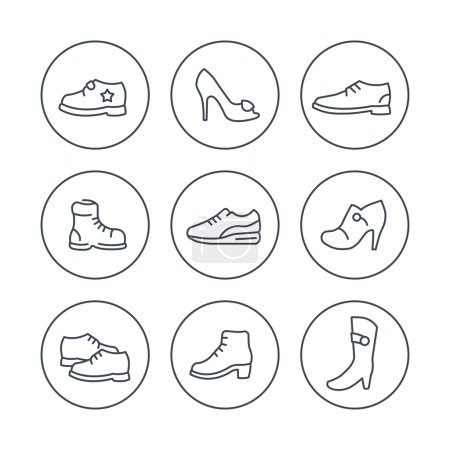 Zapatos, tacones, zapatos de mujer, botas, zapatillas, zapatos de niño línea de iconos en círculo
