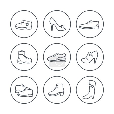 Illustration for Shoes, heels, women shoes, boots, trainers, child shoes line icons in circles, vector illustration - Royalty Free Image