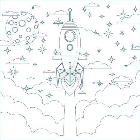 Cohete volador de dibujos animados en el cielo. Vector de contorno
