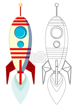 Vuelo del misil con llama desde el motor, imagen de color y contorno, ilustración vectorial
