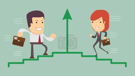 Illustration for Vector illustration of an ambitious cartoon business woman and man running on growing bar chart labeled success. - Royalty Free Image