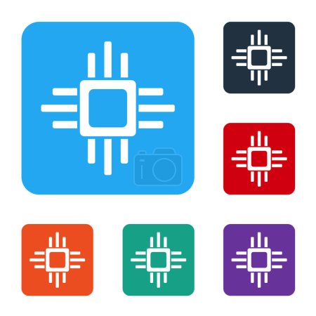 Ilustración de Procesador de computadora blanca con icono de la CPU de microcircuitos aislado sobre fondo blanco. Chip o cpu con placa de circuito. Micro procesador. Establecer iconos en botones cuadrados de color. Ilustración vectorial. - Imagen libre de derechos