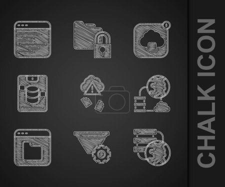 Ilustración de Establecer la piratería informática Configuración del filtro Conexión a la nube de red Archivos del navegador Servidor Data Web Hosting technology data transfer and Software icon. Vector. - Imagen libre de derechos