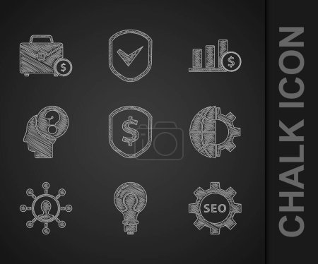 Ilustración de Set Shield with dollar Seo tag gear wheel Globe the Earth and Business network communication Marca de interrogación de la cabeza humana Gráfico de pastel infografía e icono del dinero del maletín. Vector. - Imagen libre de derechos