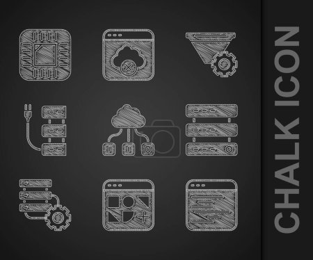 Ilustración de Establecer transferencia de datos de tecnología Cloud Diferentes archivos Software Server Data Web Hosting y engranaje Configuración del filtro y procesador con icono de CPU. Vector. - Imagen libre de derechos