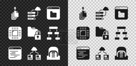 Ilustración de Configure Exportación de datos, Conexión a la nube de red, Archivos de navegador, Software, Transferencia de datos de tecnología de nube, Hangar con servidores, CPU del procesador e icono de carpeta y bloqueo. Vector - Imagen libre de derechos