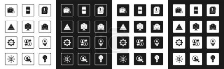 Ilustración de Establecer Contrato de dinero y pluma Monitor de ordenador con gráfico Gráfico Pirámide infografías Maletín Portátil Teléfono móvil Optimización SEO Medalla estrella y Seo etiqueta rueda de engranaje icono. Vector. - Imagen libre de derechos