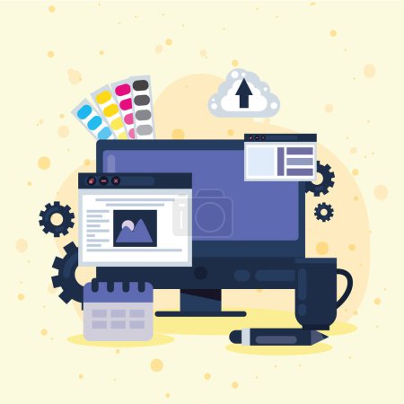 Illustration for Webpage design in desktop icons - Royalty Free Image