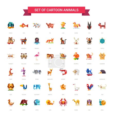 Illustration for Set of 48 modern vector flat design wild and domestic animals icons set - Royalty Free Image