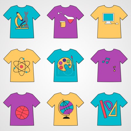 Ilustración de Conjunto de camisetas con iconos escolares - biología, matemáticas, arte, informática, geografía, química y otros
. - Imagen libre de derechos