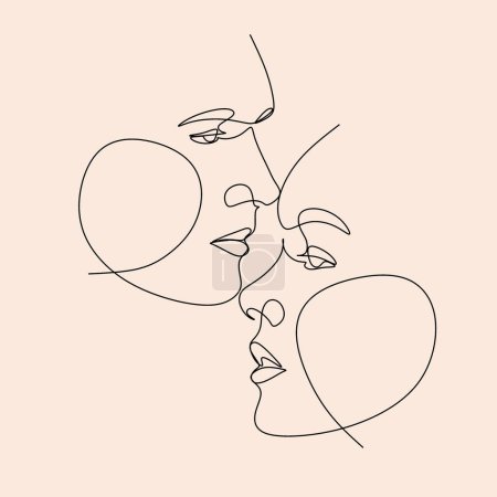 Dibujo continuo de amantes besándose. Día de San Valentín, invitaciones de boda, otro proyecto. Hombre y mujer besándose Dibujo de retrato. Ilustración vectorial.