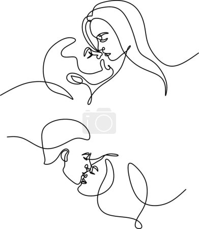 Dibujo continuo de amantes besándose. Día de San Valentín, invitaciones de boda, otro proyecto. Hombre y mujer besándose Dibujo de retrato. Ilustración vectorial.