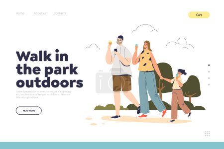 Ilustración de Caminar en el parque al aire libre concepto de página de destino con la familia feliz comer helado juntos. Los padres de dibujos animados y la hija pasan tiempo en la naturaleza. Mamá y papá con el niño. Ilustración vectorial plana - Imagen libre de derechos