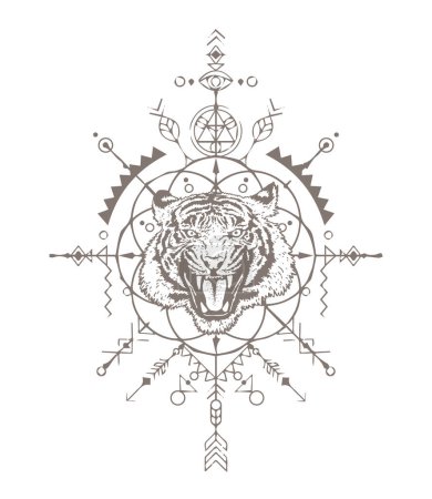 Cabeza de tigre enojada. La sonrisa de un tigre. Geometría sagrada. Huella de camiseta. Dibujo detallado de un tigre. Ilustración vectorial aislada sobre fondo blanco. El símbolo del nuevo año 2022. 