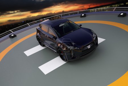 Photo for Black electric SUV parking on the helipad. 3D rendering image. - Royalty Free Image