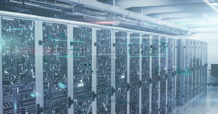 Foto de Imagen de ecuaciones matemáticas e interfaz digital a través de la red de servidores informáticos en la sala de tecnología. Concepto de red informática digital global imagen generada digitalmente. - Imagen libre de derechos
