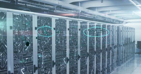 Foto de Imagen de ecuaciones matemáticas e interfaz digital a través de la red de servidores informáticos en la sala de tecnología. Concepto de red informática digital global imagen generada digitalmente. - Imagen libre de derechos