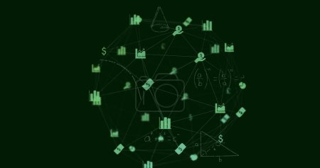Foto de Imagen digital de Globe de iconos de finanzas digitales y ecuaciones matemáticas que se mueven contra el fondo verde. Financiación global y concepto de red global - Imagen libre de derechos