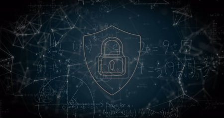 Foto de Imagen de interfaz digital con candado sobre ecuaciones matemáticas flotantes y red de conexiones. Concepto de seguridad de la tecnología de red digital global imagen generada digitalmente. - Imagen libre de derechos