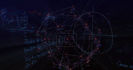 Foto de Imagen digital de brillantes ecuaciones matemáticas azules sobre globo de flechas con números sobre fondo negro. Redes globales y concepto de conexión - Imagen libre de derechos