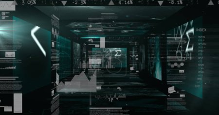 Photo for Mathematical equations floating against statistical data processing against black background. computer interface and technology concept - Royalty Free Image