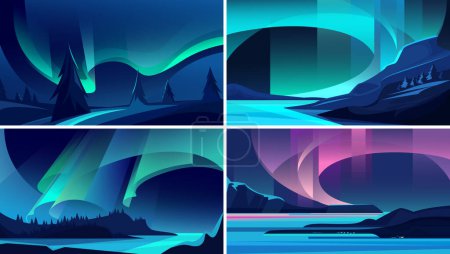 Illustration for Illustrations of aurora borealis. Beautiful nature landscapes. - Royalty Free Image