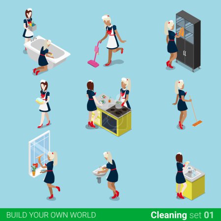 Illustration for Isometric housemaid maid cleaning work icon set. Flat 3d isometry sexy swarthy blond female maidservant chambermaid cleaner servant web infographics vector illustration. Creative people collection. - Royalty Free Image