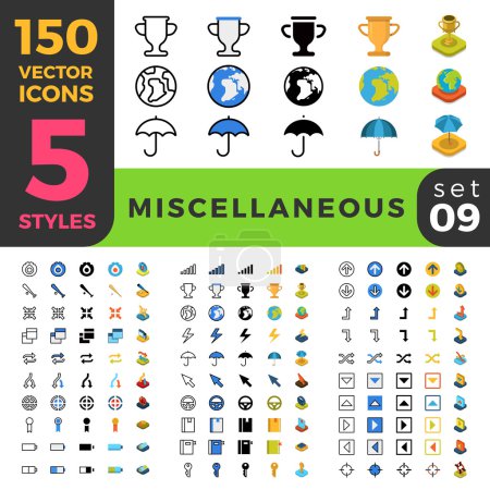 Ilustración de 150 miscelánea deporte ganar misc ui icono conjunto. Esquema lineal isométrico plano 5 iconos estilos. Vector aplicación móvil software interfaz sitio web elemento signo símbolo 2d colección de objetos 3d
. - Imagen libre de derechos
