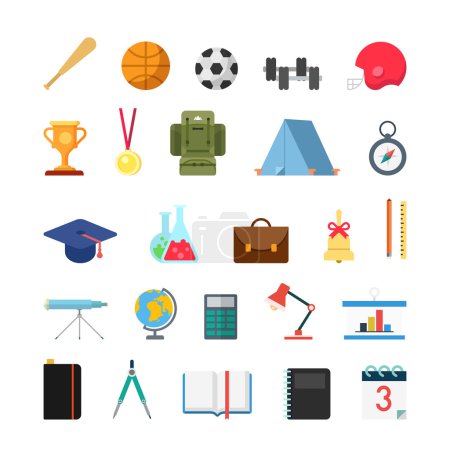 Ilustración de Conjunto de iconos vectoriales de infografía de educación deportiva de escuela moderna de estilo creativo plano. Bola de murciélago copa trofeo medalla brújula gorra química campana geografía astronomía matemáticas lib. Estilo de vida colección de iconos
. - Imagen libre de derechos