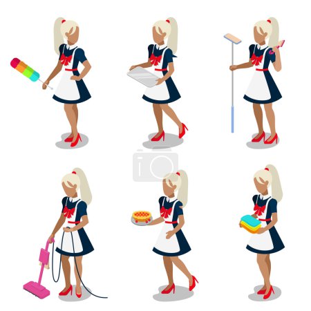 Illustration for Flat 3d isometric sexy young swarthy brown female housemaid maid maidservant chambermaid cleaner servant concept web infographics vector illustration icon set. Creative people collection. - Royalty Free Image