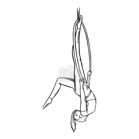 Aerial female gymnast in hoop. Aerial gymnastics strength iproving pose. Sketch vector illustration