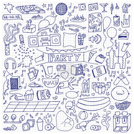 Téléchargez les illustrations : Ensemble dessiné à la main pour adultes. Illustration vectorielle des éléments de vacances doodle sur papier carré - en licence libre de droit