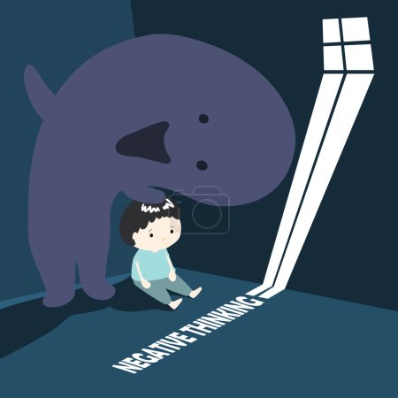 Ilustración de Niño con el pensamiento negativo monstruo dibujo animado vector ilustración - Imagen libre de derechos