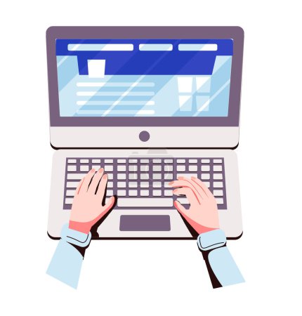 Ilustración de Formación a distancia, concepto de educación electrónica. Personaje de dibujos animados freelancer humano escuchando curso de audio y trabajando en el ordenador portátil en casa. Videoconferencia con profesor o tutor personal en línea - Imagen libre de derechos