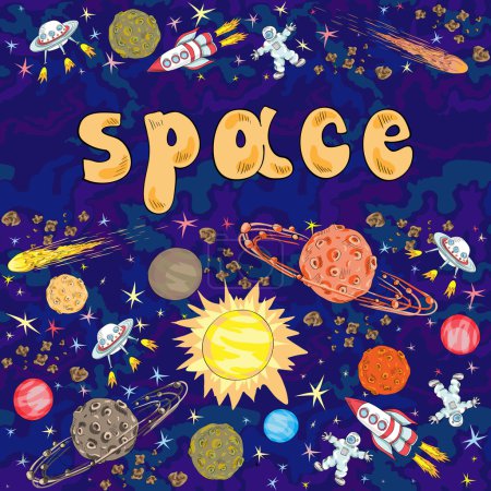 Illustration for Сolorful space seamless pattern with rockets, planets and stars - Royalty Free Image