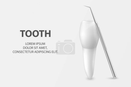 Ilustración de Vector 3D Diente realista y sonda dental para los dientes Primer plano sobre fondo blanco. Medical Dentist Tool. Plantilla de diseño, Clipart, burla. Odontología, Salud, Concepto de Higiene. - Imagen libre de derechos