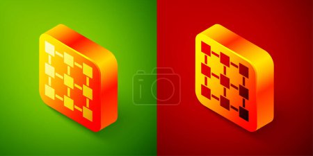 Ilustración de Icono de tecnología isométrica Blockchain aislado sobre fondo verde y rojo. Datos criptomoneda. Negocio abstracto de tecnología de red de cadena de bloques geométricos. Botón cuadrado. Vector. - Imagen libre de derechos