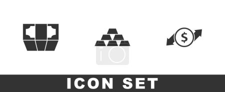Ilustración de Set Stacks papel moneda en efectivo, barras de oro y el crecimiento financiero y el icono del dólar. Vector. - Imagen libre de derechos