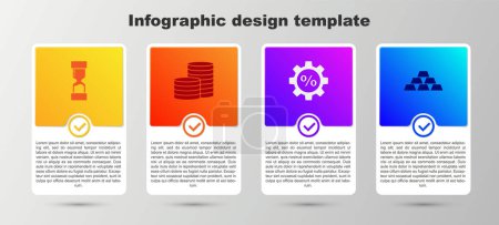 Ilustración de Set Reloj de arena viejo, moneda de dinero, engranaje con porcentaje y barras de oro. Plantilla de infografía empresarial. Vector. - Imagen libre de derechos