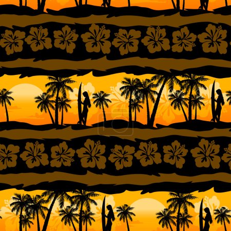 Tropical frangipani with palms sunrise seamless pattern