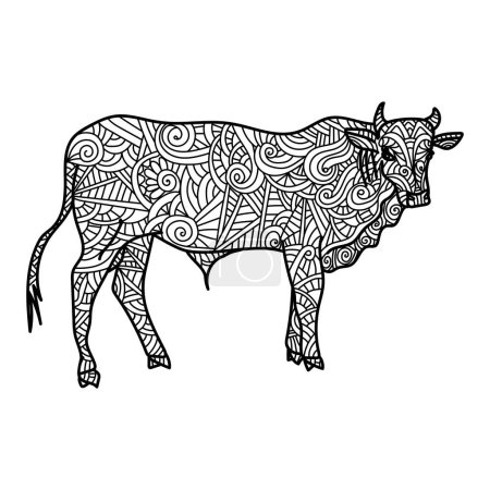 Símbolo del Año del Buey en el calendario oriental, año nuevo, página para colorear anti-estrés con animales y patrones zen adornados, ilustración de contorno vectorial para la creatividad