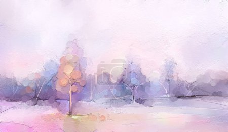 Pintura al óleo abstracta paisaje forestal de invierno. Imagen semi abstracta de árbol, campo, prado. Arte moderno, pintura al óleo de color púrpura, rojo y azul pastel. Arte contemporáneo para el fondo