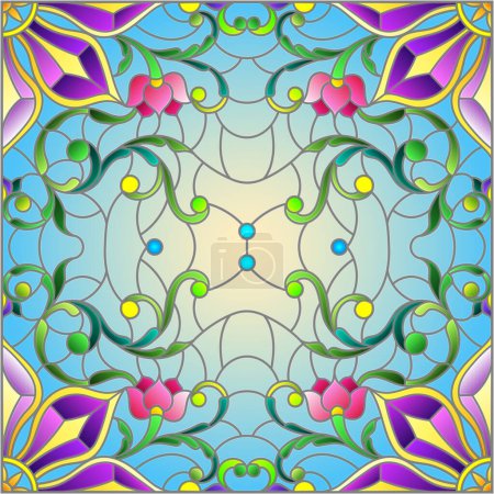Ilustración en el estilo de vidrieras con un arreglo floral abstracto sobre un fondo azul, imagen cuadrada