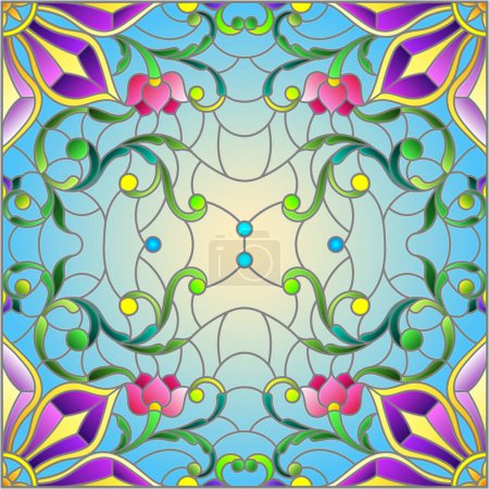 Illustration in the stained glass style with an abstract flower arrangement on a blue background, square image