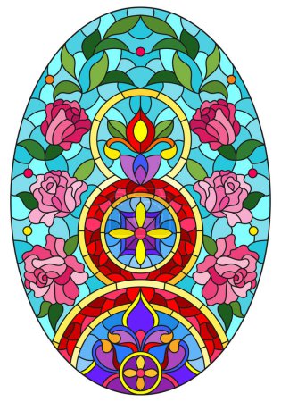 Ilustración en el estilo de vidrieras con un arreglo floral abstracto sobre un fondo azul, imagen vertical ovalada