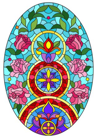 Illustration in the stained glass style with an abstract flower arrangement on a blue background, oval vertical image