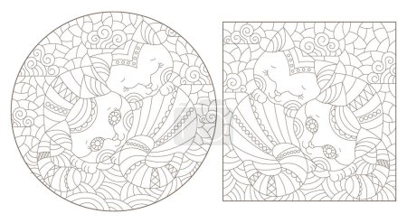 Conjunto de ilustraciones de contorno en estilo vitral con gatos abstractos, contornos oscuros sobre fondo blanco