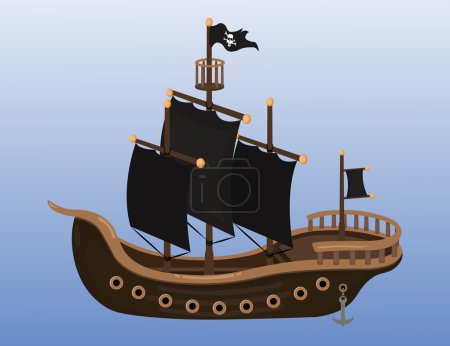 Téléchargez les illustrations : Grand bateau pirate avec voiles noires - en licence libre de droit